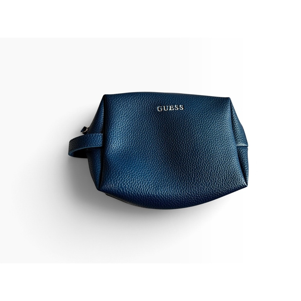 Guess Toiletry Bag Navy Blue Pebbled Faux Leather Travel Makeup Pouch